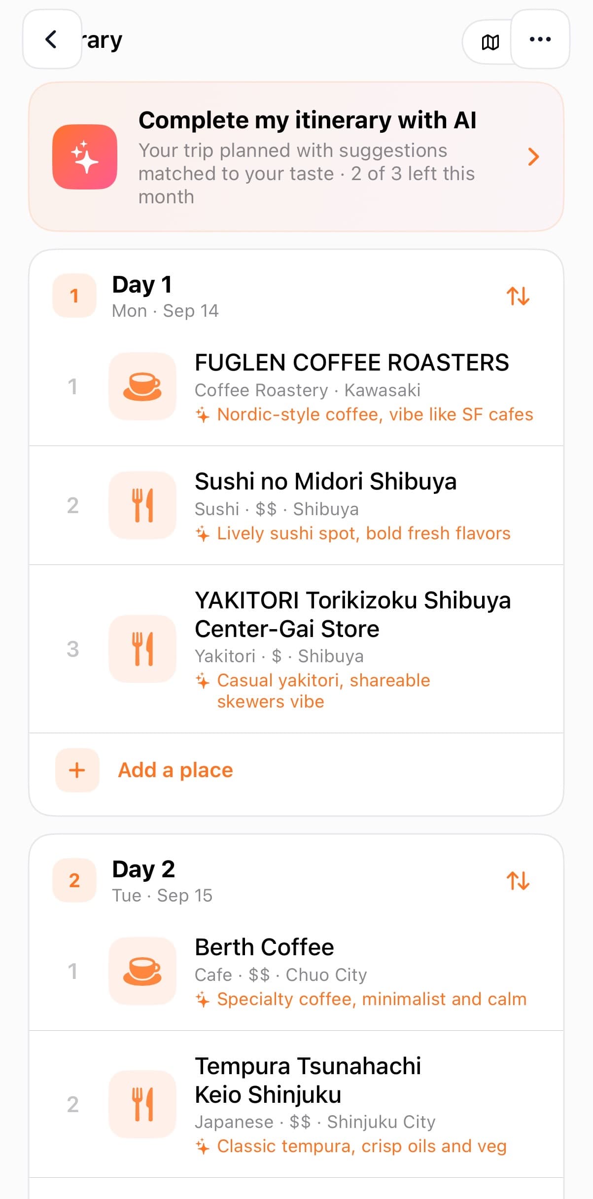 Complete my itinerary with AI